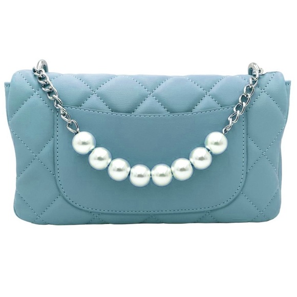 NWT Badgley Mischka‎ Baby Blue Crossbody Purse w/Metal and Pearl Strap - Picture 4 of 8